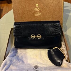Gucci Navy Leather Clutch with gold tone Accents